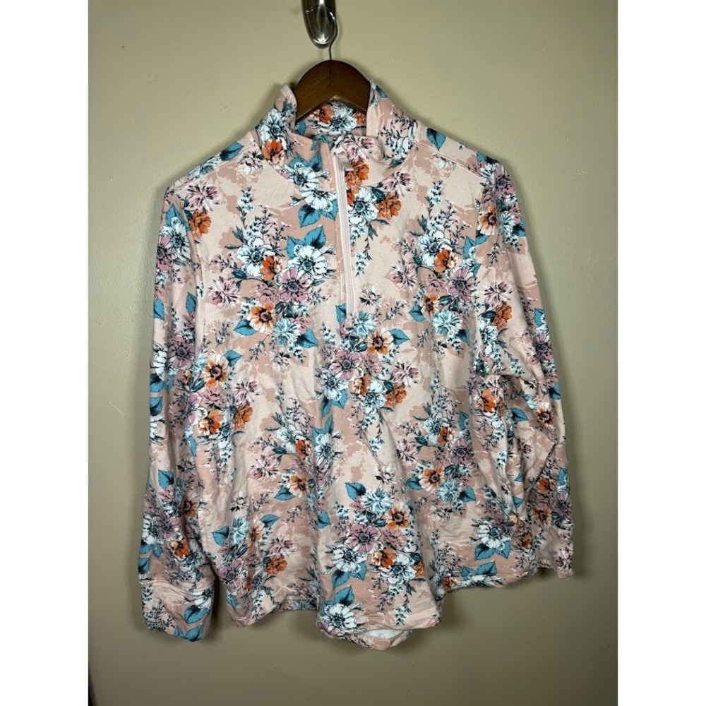 Vera Bradley Pink Floral Quarter Zip Pullover Sweatshirt XL Fleece Mock Neck
